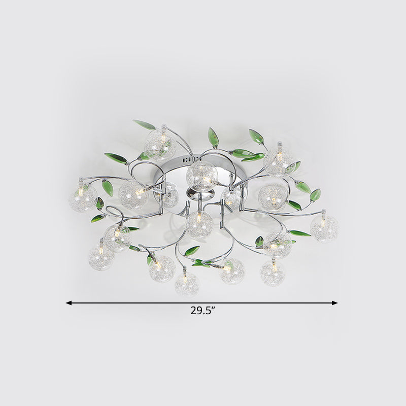 Leave Drawing Room Semi Mount Lighting Green Crystal 15 Lights Modern Ceiling Flush with Clear Glass Shade in Chrome Clearhalo 'Ceiling Lights' 'Close To Ceiling Lights' 'Close to ceiling' 'Semi-flushmount' Lighting' 1651281