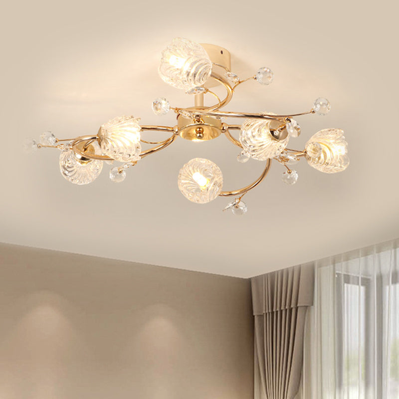 6-Head Bedroom Semi Flush Light Fixture Minimalism Gold Ceiling Lighting with Bloom Clear Crystal Shade Clearhalo 'Ceiling Lights' 'Close To Ceiling Lights' 'Close to ceiling' 'Semi-flushmount' Lighting' 1651283