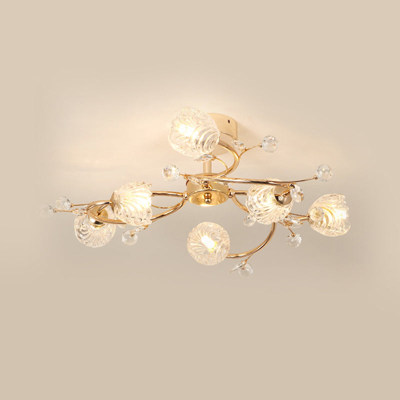 6-Head Bedroom Semi Flush Light Fixture Minimalism Gold Ceiling Lighting with Bloom Clear Crystal Shade Clearhalo 'Ceiling Lights' 'Close To Ceiling Lights' 'Close to ceiling' 'Semi-flushmount' Lighting' 1651284