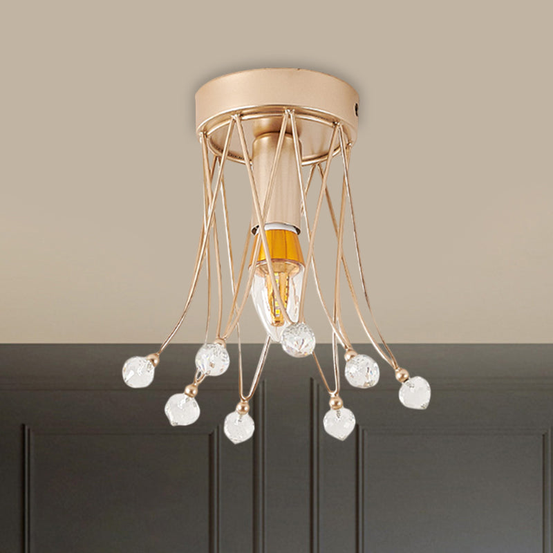 Brass Crown Semi Flush Mount Minimalist 1/3-Light Metal Ceiling Lighting with Crystal Orbs Design 1 Brass Clearhalo 'Ceiling Lights' 'Close To Ceiling Lights' 'Close to ceiling' 'Semi-flushmount' Lighting' 1651286