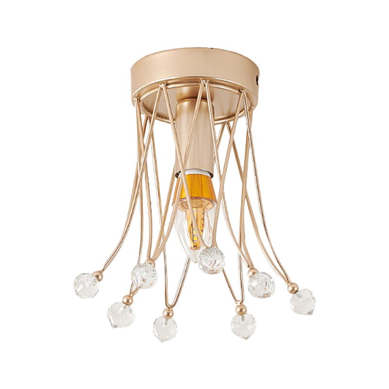 Brass Crown Semi Flush Mount Minimalist 1/3-Light Metal Ceiling Lighting with Crystal Orbs Design Clearhalo 'Ceiling Lights' 'Close To Ceiling Lights' 'Close to ceiling' 'Semi-flushmount' Lighting' 1651288