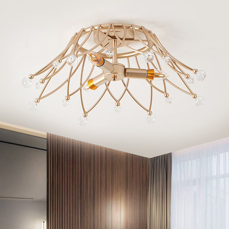 Brass Crown Semi Flush Mount Minimalist 1/3-Light Metal Ceiling Lighting with Crystal Orbs Design 3 Brass Clearhalo 'Ceiling Lights' 'Close To Ceiling Lights' 'Close to ceiling' 'Semi-flushmount' Lighting' 1651290