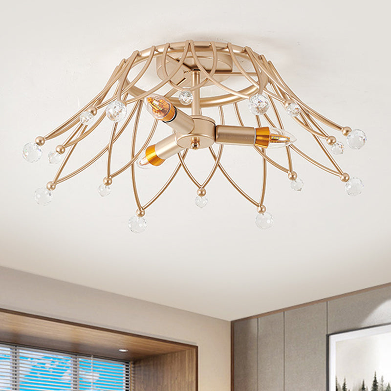 Brass Crown Semi Flush Mount Minimalist 1/3-Light Metal Ceiling Lighting with Crystal Orbs Design Clearhalo 'Ceiling Lights' 'Close To Ceiling Lights' 'Close to ceiling' 'Semi-flushmount' Lighting' 1651291