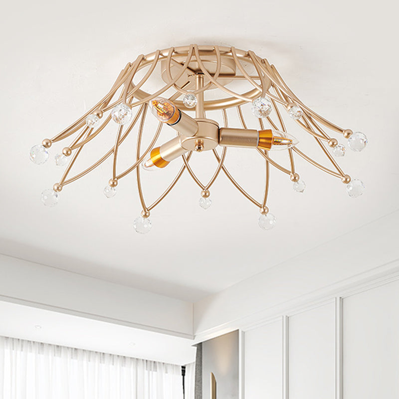 Brass Crown Semi Flush Mount Minimalist 1/3-Light Metal Ceiling Lighting with Crystal Orbs Design Clearhalo 'Ceiling Lights' 'Close To Ceiling Lights' 'Close to ceiling' 'Semi-flushmount' Lighting' 1651292