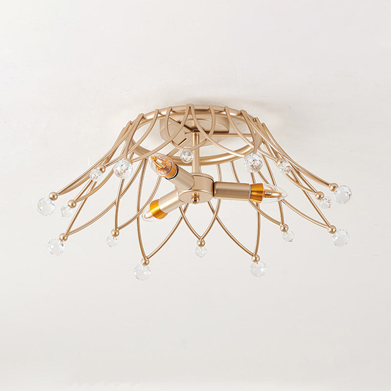 Brass Crown Semi Flush Mount Minimalist 1/3-Light Metal Ceiling Lighting with Crystal Orbs Design Clearhalo 'Ceiling Lights' 'Close To Ceiling Lights' 'Close to ceiling' 'Semi-flushmount' Lighting' 1651293