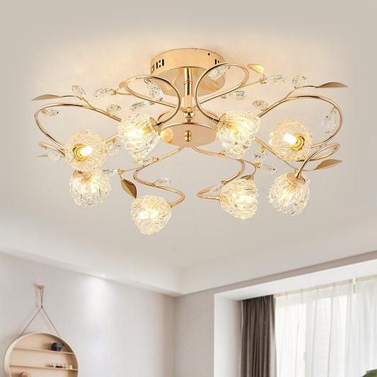 Prismatic Crystal Floral Ceiling Light Contemporary 8 Bulbs Semi Flush Mount with Metal Leaf Design in Gold Gold Clearhalo 'Ceiling Lights' 'Close To Ceiling Lights' 'Close to ceiling' 'Semi-flushmount' Lighting' 1651321