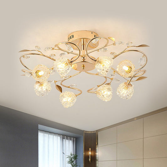 Prismatic Crystal Floral Ceiling Light Contemporary 8 Bulbs Semi Flush Mount with Metal Leaf Design in Gold Clearhalo 'Ceiling Lights' 'Close To Ceiling Lights' 'Close to ceiling' 'Semi-flushmount' Lighting' 1651322