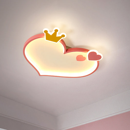 Metallic Loving Heart Flush Ceiling Light Cartoon LED Pink Flush Mount with Crown Decor Pink Clearhalo 'Ceiling Lights' 'Close To Ceiling Lights' 'Close to ceiling' 'Flush mount' Lighting' 1651337