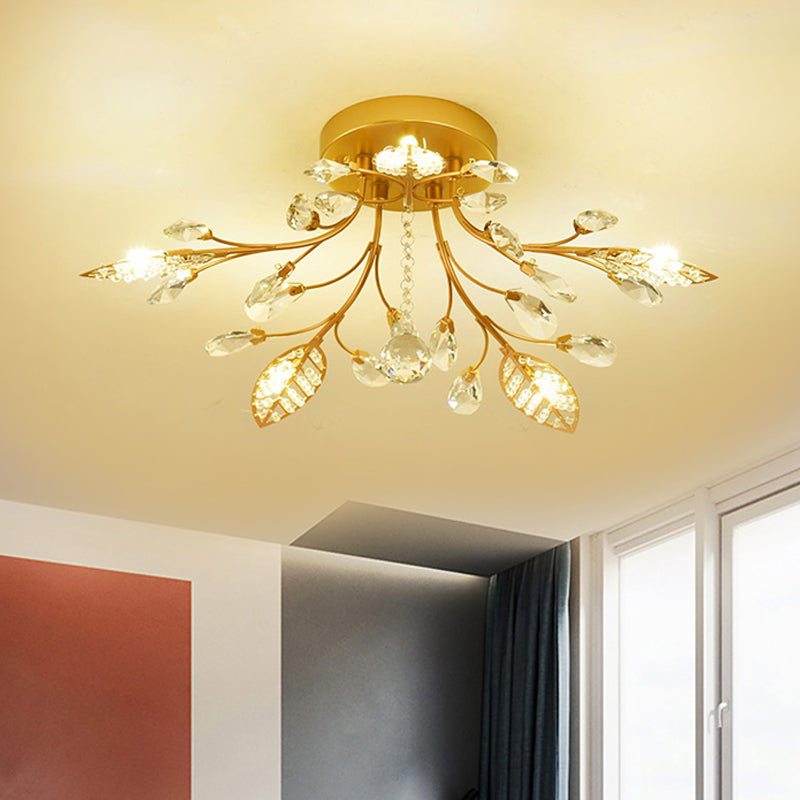 Gold Branch Ceiling Fixture Modernist 5/8 Bulbs Faceted Crystal Semi Flush  Mount Lighting - Clearhalo