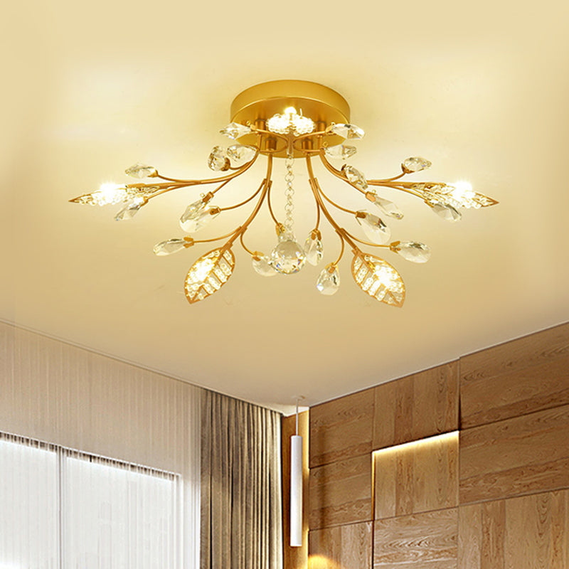 Gold Branch Ceiling Fixture Modernist 5/8 Bulbs Faceted Crystal Semi Flush Mount Lighting Clearhalo 'Ceiling Lights' 'Close To Ceiling Lights' 'Close to ceiling' 'Semi-flushmount' Lighting' 1651372