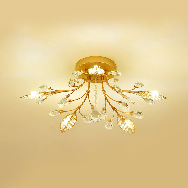 Gold Branch Ceiling Fixture Modernist 5/8 Bulbs Faceted Crystal Semi Flush Mount Lighting Clearhalo 'Ceiling Lights' 'Close To Ceiling Lights' 'Close to ceiling' 'Semi-flushmount' Lighting' 1651373