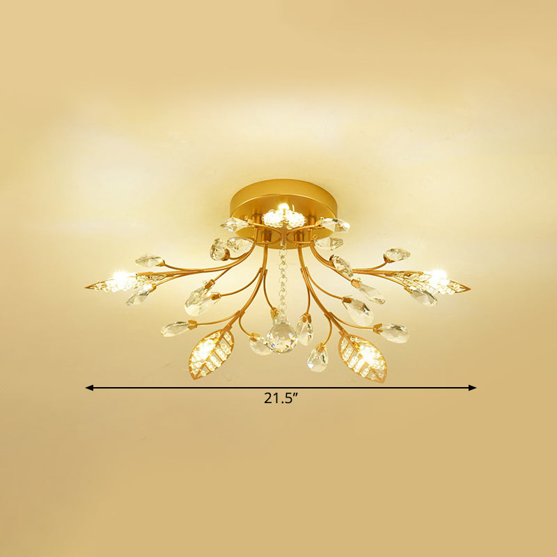 Gold Branch Ceiling Fixture Modernist 5/8 Bulbs Faceted Crystal Semi Flush Mount Lighting Clearhalo 'Ceiling Lights' 'Close To Ceiling Lights' 'Close to ceiling' 'Semi-flushmount' Lighting' 1651374