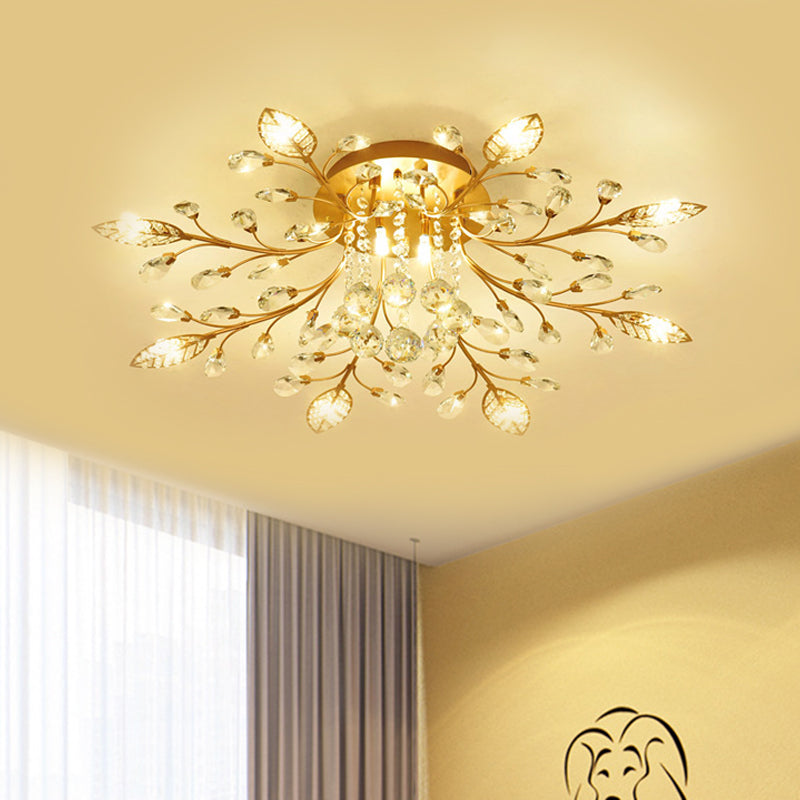 Gold Branch Ceiling Fixture Modernist 5/8 Bulbs Faceted Crystal Semi Flush Mount Lighting 8 Gold Clearhalo 'Ceiling Lights' 'Close To Ceiling Lights' 'Close to ceiling' 'Semi-flushmount' Lighting' 1651375