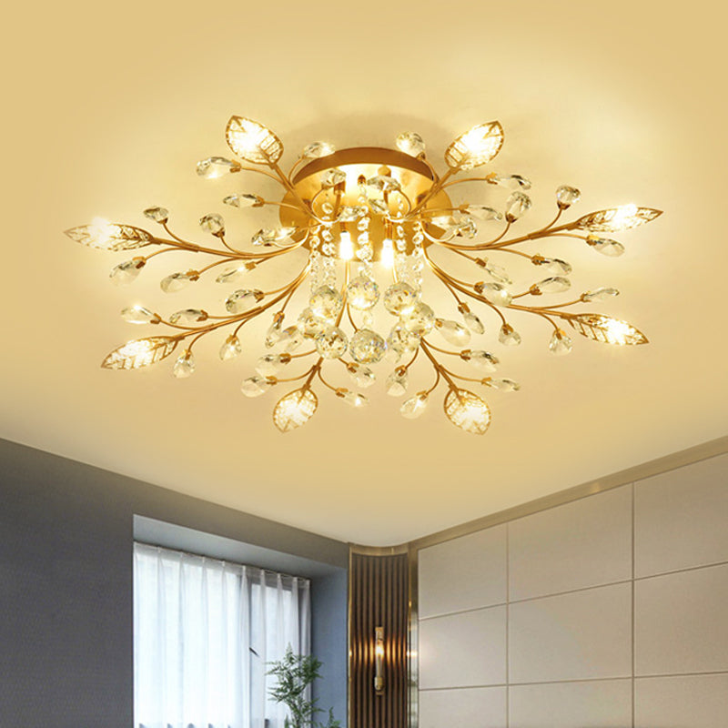 Gold Branch Ceiling Fixture Modernist 5/8 Bulbs Faceted Crystal Semi Flush Mount Lighting Clearhalo 'Ceiling Lights' 'Close To Ceiling Lights' 'Close to ceiling' 'Semi-flushmount' Lighting' 1651376