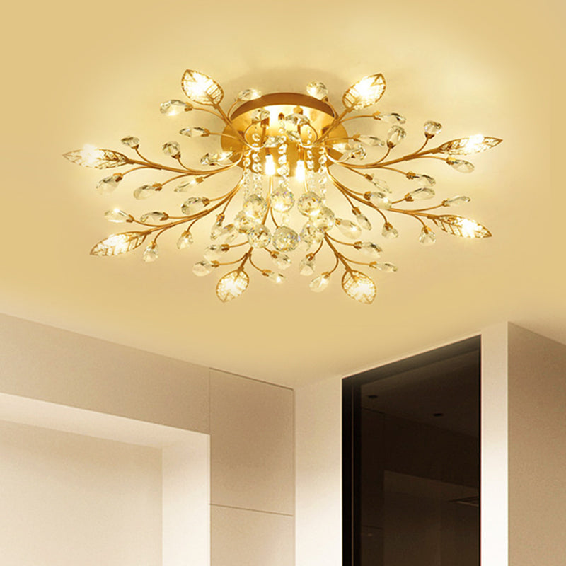 Gold Branch Ceiling Fixture Modernist 5/8 Bulbs Faceted Crystal Semi Flush Mount Lighting Clearhalo 'Ceiling Lights' 'Close To Ceiling Lights' 'Close to ceiling' 'Semi-flushmount' Lighting' 1651377