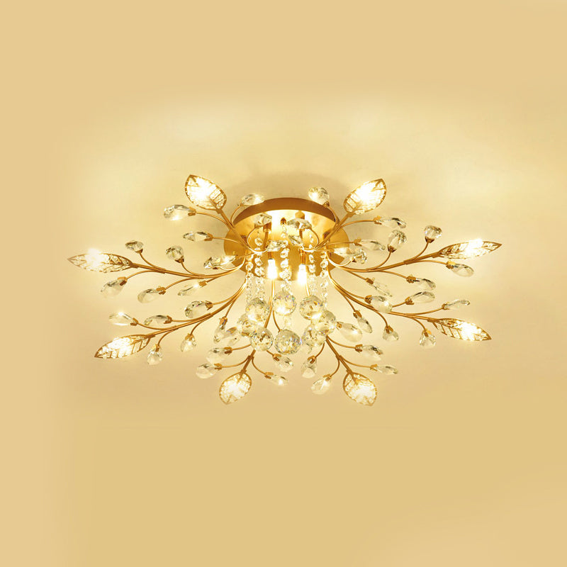 Gold Branch Ceiling Fixture Modernist 5/8 Bulbs Faceted Crystal Semi Flush Mount Lighting Clearhalo 'Ceiling Lights' 'Close To Ceiling Lights' 'Close to ceiling' 'Semi-flushmount' Lighting' 1651378