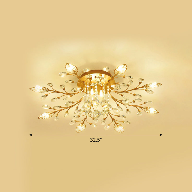 Gold Branch Ceiling Fixture Modernist 5/8 Bulbs Faceted Crystal Semi Flush Mount Lighting Clearhalo 'Ceiling Lights' 'Close To Ceiling Lights' 'Close to ceiling' 'Semi-flushmount' Lighting' 1651379