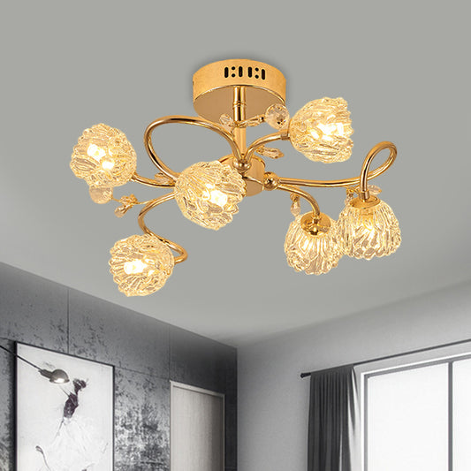 Contemporary 6 Heads Ceiling Lighting Gold Flower Semi-Flush Mount with Cut Crystal Shade Gold Clearhalo 'Ceiling Lights' 'Close To Ceiling Lights' 'Close to ceiling' 'Semi-flushmount' Lighting' 1651403