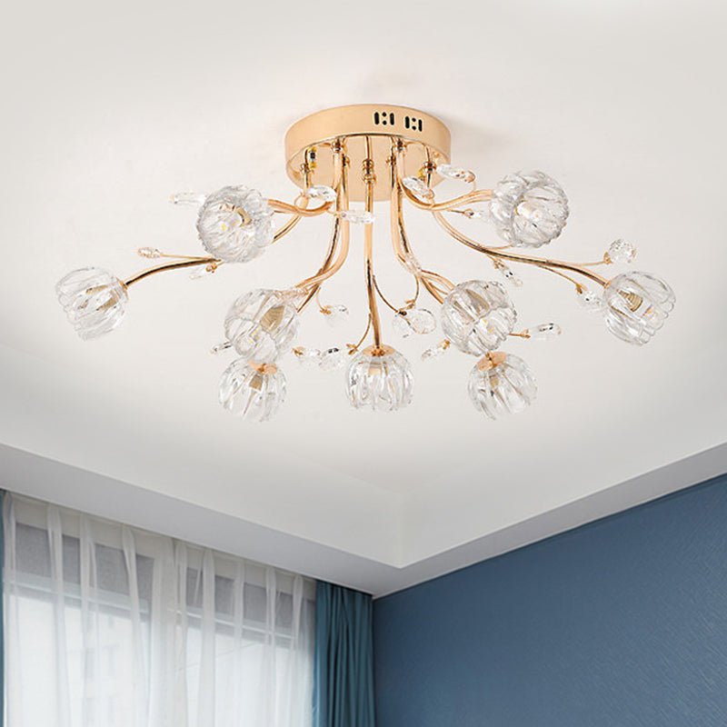 Spray Semi Flush Mount Lighting Simplicity Cut Crystal 9-Light Sleeping Room Ceiling Fixture in Gold Gold Clearhalo 'Ceiling Lights' 'Close To Ceiling Lights' 'Close to ceiling' 'Semi-flushmount' Lighting' 1651407