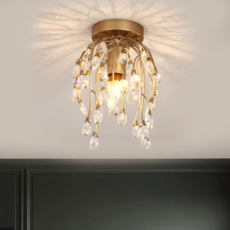 Modern Corolla Close to Ceiling Lamp Faceted Crystal 1 Light Corridor Semi Flush Mount Lighting in Brass Brass Clearhalo 'Ceiling Lights' 'Close To Ceiling Lights' 'Close to ceiling' 'Semi-flushmount' Lighting' 1651415