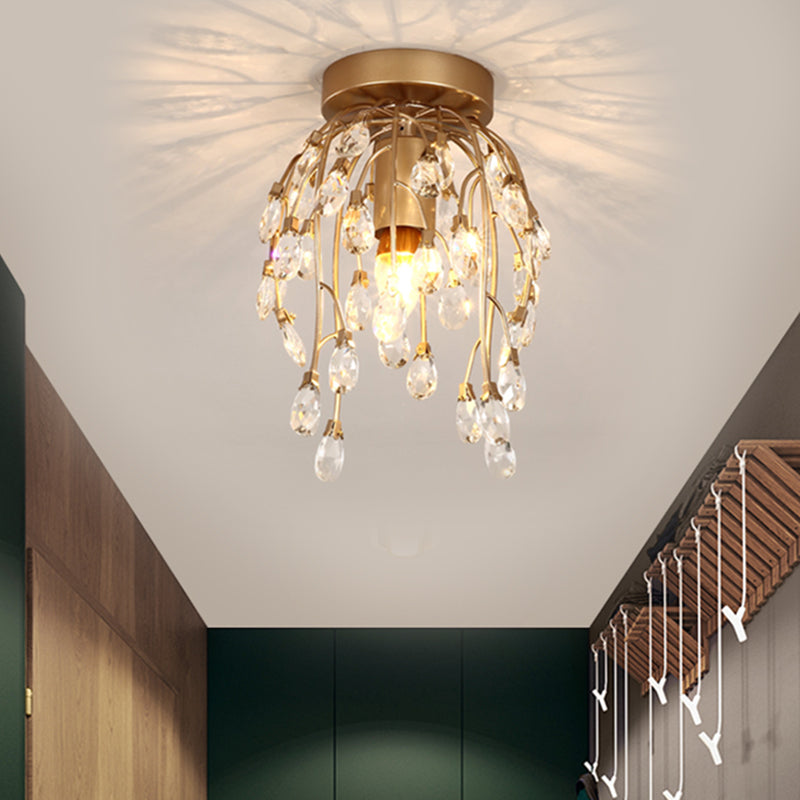 Modern Corolla Close to Ceiling Lamp Faceted Crystal 1 Light Corridor Semi Flush Mount Lighting in Brass Clearhalo 'Ceiling Lights' 'Close To Ceiling Lights' 'Close to ceiling' 'Semi-flushmount' Lighting' 1651416