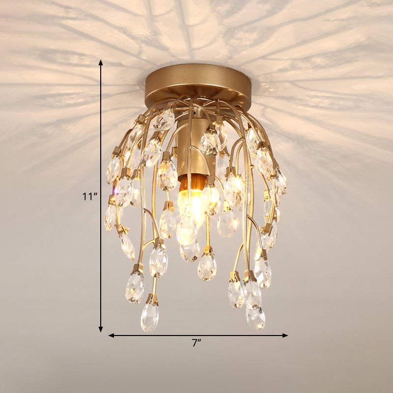 Modern Corolla Close to Ceiling Lamp Faceted Crystal 1 Light Corridor Semi Flush Mount Lighting in Brass Clearhalo 'Ceiling Lights' 'Close To Ceiling Lights' 'Close to ceiling' 'Semi-flushmount' Lighting' 1651418