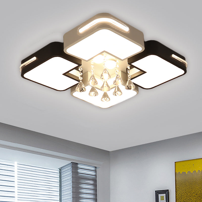 Square Flushmount Lighting Simple Metal Black and White LED Ceiling Fixture with Crystal Drop, Warm/White Light Black-White Clearhalo 'Ceiling Lights' 'Close To Ceiling Lights' 'Close to ceiling' 'Flush mount' Lighting' 1651449