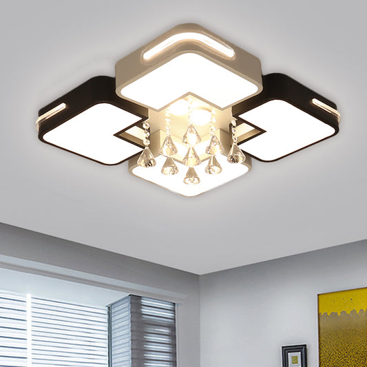 Square Flushmount Lighting Simple Metal Black and White LED Ceiling Fixture with Crystal Drop, Warm/White Light Black-White Clearhalo 'Ceiling Lights' 'Close To Ceiling Lights' 'Close to ceiling' 'Flush mount' Lighting' 1651449