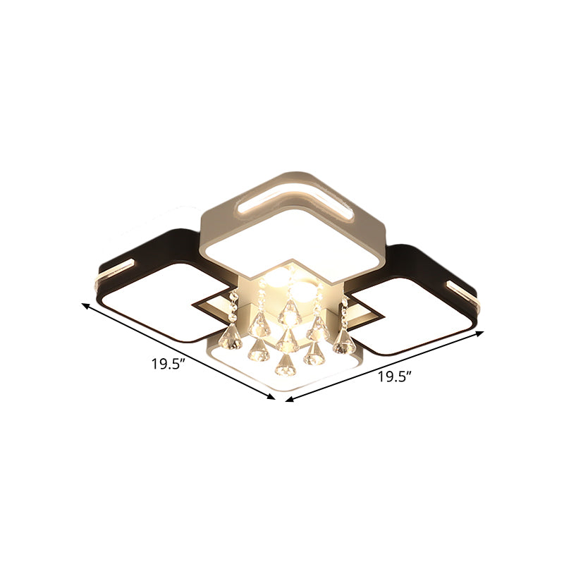 Square Flushmount Lighting Simple Metal Black and White LED Ceiling Fixture with Crystal Drop, Warm/White Light Clearhalo 'Ceiling Lights' 'Close To Ceiling Lights' 'Close to ceiling' 'Flush mount' Lighting' 1651452