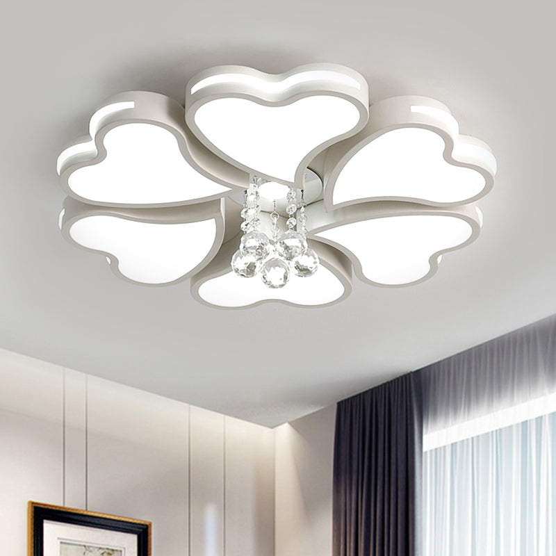 Modernist Heart Flush Light Metallic 6/8 Bulbs Parlor Ceiling Mounted Fixture with Crystal Accent in White 6 White Clearhalo 'Ceiling Lights' 'Close To Ceiling Lights' 'Close to ceiling' 'Flush mount' Lighting' 1651495