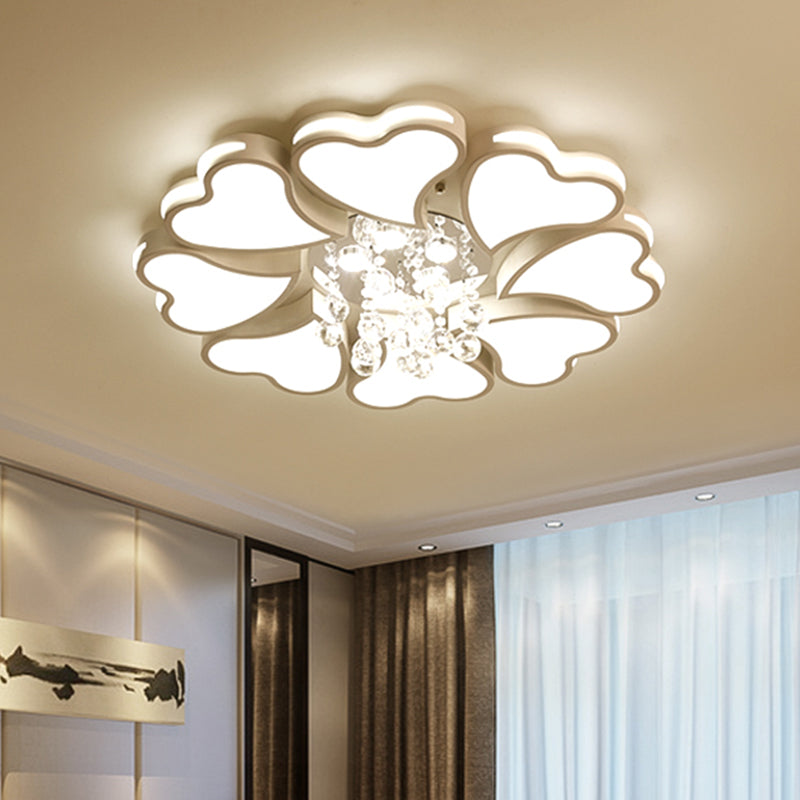 Modernist Heart Flush Light Metallic 6/8 Bulbs Parlor Ceiling Mounted Fixture with Crystal Accent in White 8 White Clearhalo 'Ceiling Lights' 'Close To Ceiling Lights' 'Close to ceiling' 'Flush mount' Lighting' 1651499