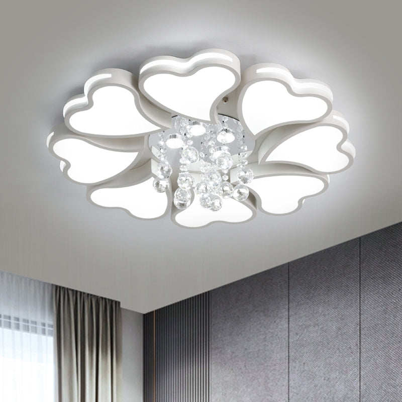 Modernist Heart Flush Light Metallic 6/8 Bulbs Parlor Ceiling Mounted Fixture with Crystal Accent in White Clearhalo 'Ceiling Lights' 'Close To Ceiling Lights' 'Close to ceiling' 'Flush mount' Lighting' 1651500