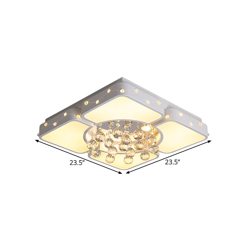 Square Close to Ceiling Lighting Modernist Metal LED Bedroom Flush Mount Light with Crystal Droplet in White, 19.5"/23.5" W Clearhalo 'Ceiling Lights' 'Close To Ceiling Lights' 'Close to ceiling' 'Flush mount' Lighting' 1651508