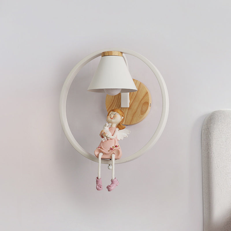 Deer/Angel Girl Wall Light Cartoon Metal 1 Light Pink/Blue Wall Lighting with Conical Fabric Shade and Ring Pink Clearhalo 'Wall Lamps & Sconces' 'Wall Lights' Lighting' 1651630