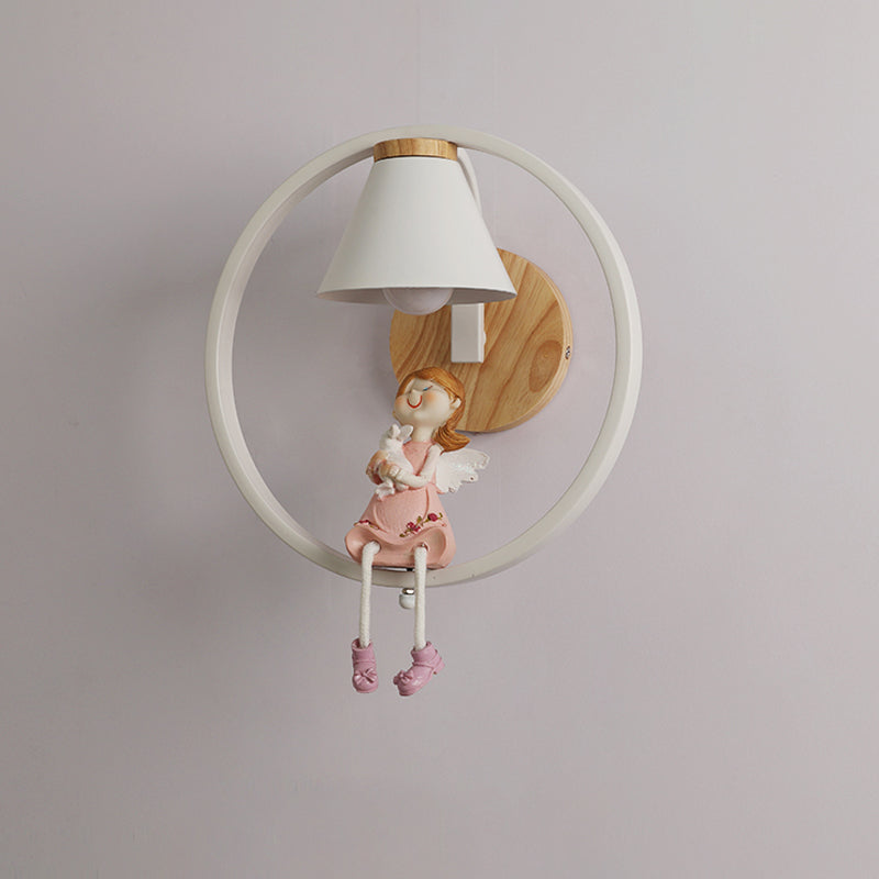 Deer/Angel Girl Wall Light Cartoon Metal 1 Light Pink/Blue Wall Lighting with Conical Fabric Shade and Ring Clearhalo 'Wall Lamps & Sconces' 'Wall Lights' Lighting' 1651631