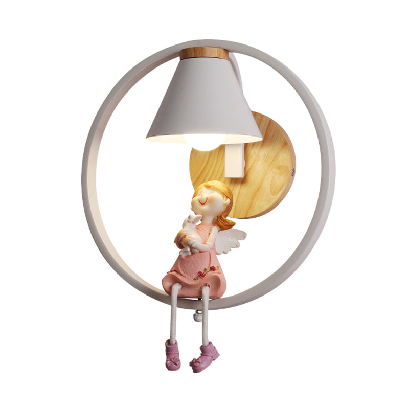 Deer/Angel Girl Wall Light Cartoon Metal 1 Light Pink/Blue Wall Lighting with Conical Fabric Shade and Ring Clearhalo 'Wall Lamps & Sconces' 'Wall Lights' Lighting' 1651632