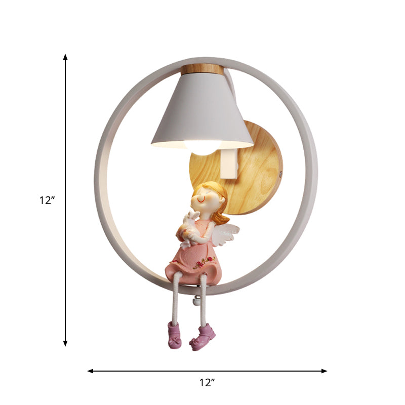 Deer/Angel Girl Wall Light Cartoon Metal 1 Light Pink/Blue Wall Lighting with Conical Fabric Shade and Ring Clearhalo 'Wall Lamps & Sconces' 'Wall Lights' Lighting' 1651633