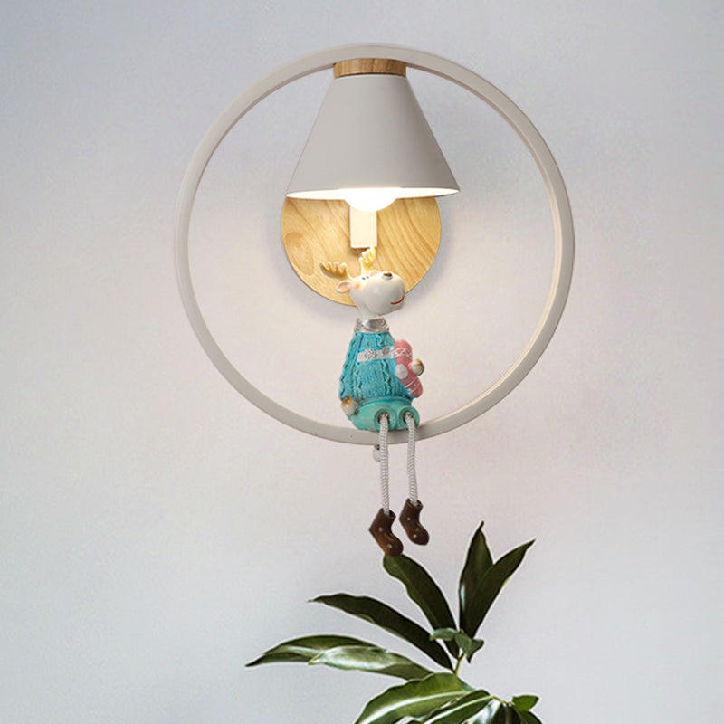 Deer/Angel Girl Wall Light Cartoon Metal 1 Light Pink/Blue Wall Lighting with Conical Fabric Shade and Ring Blue Clearhalo 'Wall Lamps & Sconces' 'Wall Lights' Lighting' 1651634