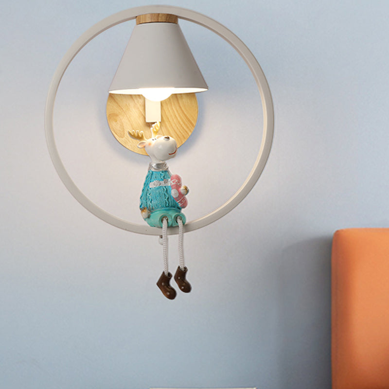 Deer/Angel Girl Wall Light Cartoon Metal 1 Light Pink/Blue Wall Lighting with Conical Fabric Shade and Ring Clearhalo 'Wall Lamps & Sconces' 'Wall Lights' Lighting' 1651635