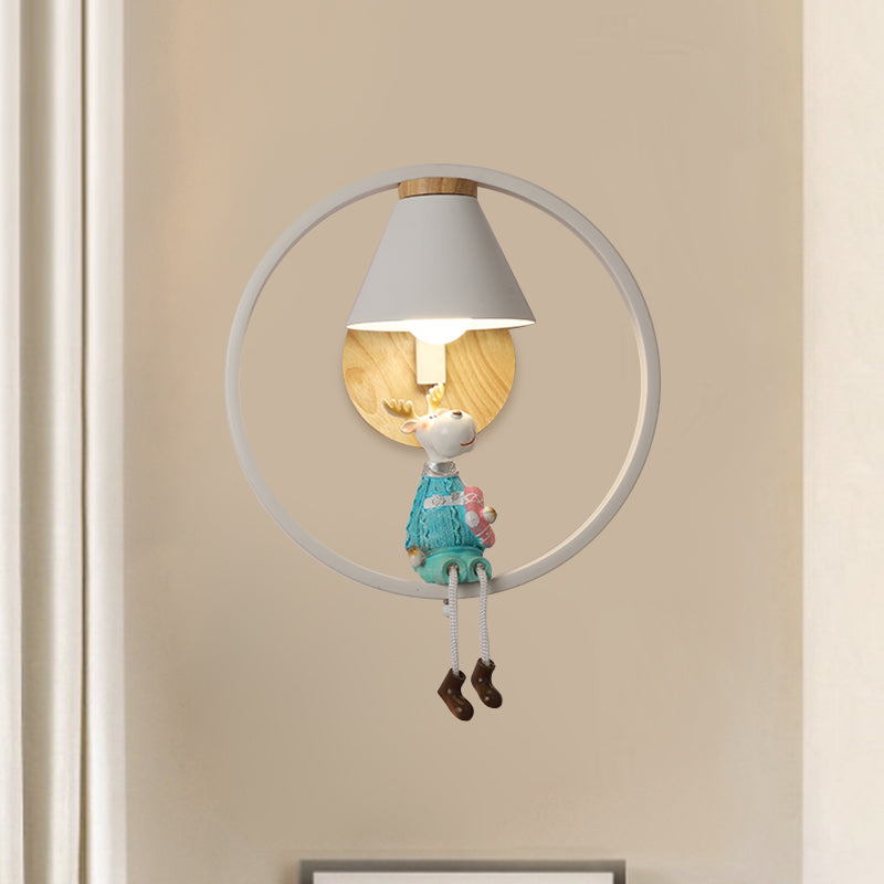 Deer/Angel Girl Wall Light Cartoon Metal 1 Light Pink/Blue Wall Lighting with Conical Fabric Shade and Ring Clearhalo 'Wall Lamps & Sconces' 'Wall Lights' Lighting' 1651636