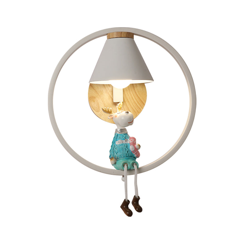 Deer/Angel Girl Wall Light Cartoon Metal 1 Light Pink/Blue Wall Lighting with Conical Fabric Shade and Ring Clearhalo 'Wall Lamps & Sconces' 'Wall Lights' Lighting' 1651637