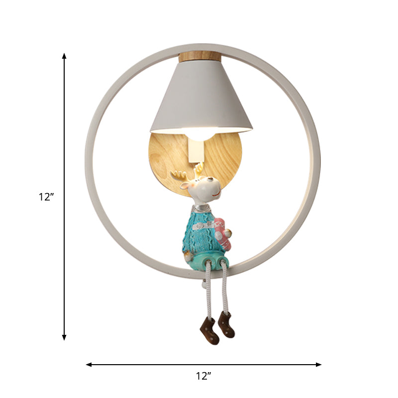 Deer/Angel Girl Wall Light Cartoon Metal 1 Light Pink/Blue Wall Lighting with Conical Fabric Shade and Ring Clearhalo 'Wall Lamps & Sconces' 'Wall Lights' Lighting' 1651638