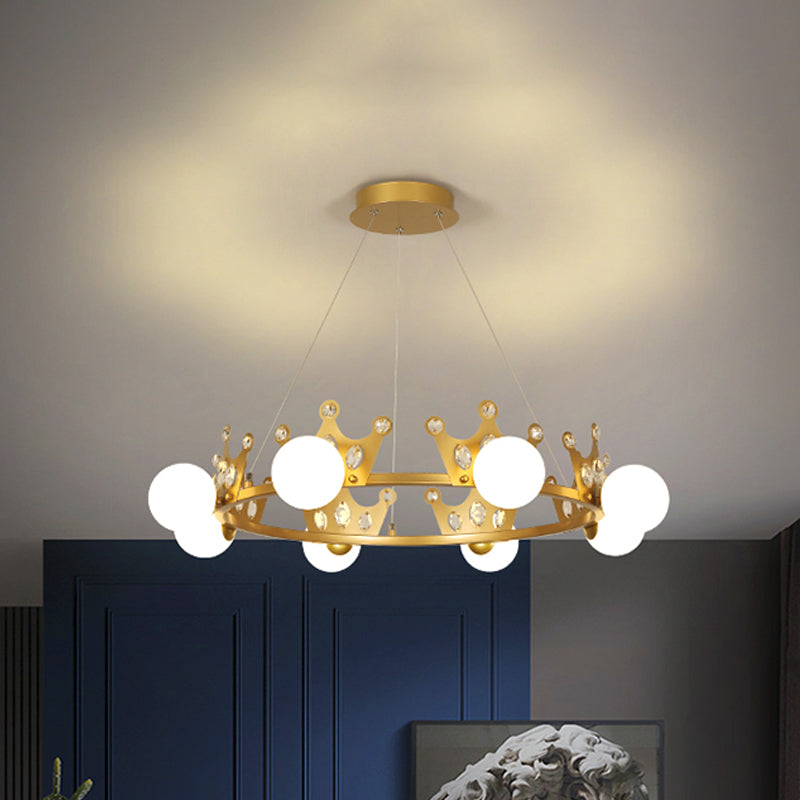 Metal Crown Chandelier Lamp Kids 5/8 Lights Hanging Light with Ball Frosted Glass Shade in Gold Clearhalo 'Ceiling Lights' 'Chandeliers' Lighting' options 1651711