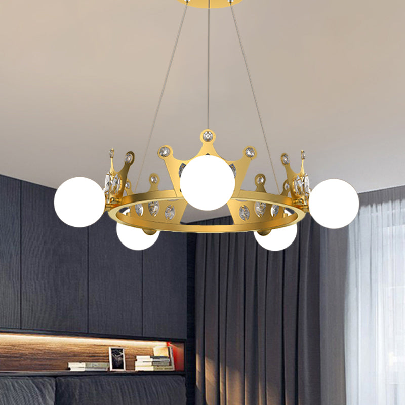 Metal Crown Chandelier Lamp Kids 5/8 Lights Hanging Light with Ball Frosted Glass Shade in Gold 5 Gold Clearhalo 'Ceiling Lights' 'Chandeliers' Lighting' options 1651715_53bc1b3b-7176-4334-80ba-555a9b399ca5