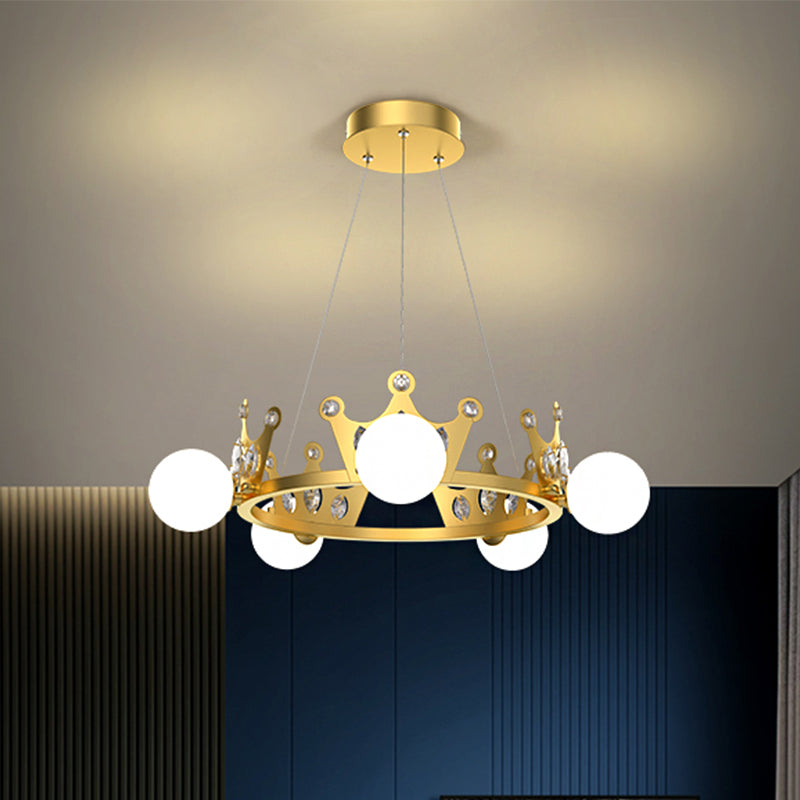 Metal Crown Chandelier Lamp Kids 5/8 Lights Hanging Light with Ball Frosted Glass Shade in Gold Clearhalo 'Ceiling Lights' 'Chandeliers' Lighting' options 1651716
