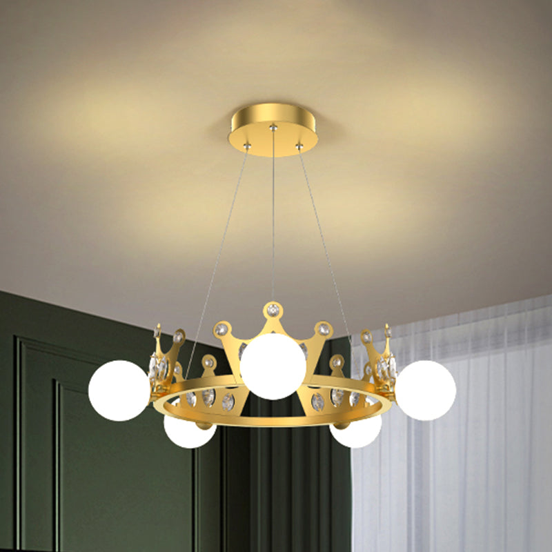 Metal Crown Chandelier Lamp Kids 5/8 Lights Hanging Light with Ball Frosted Glass Shade in Gold Clearhalo 'Ceiling Lights' 'Chandeliers' Lighting' options 1651717