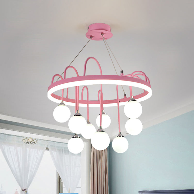 Rounded Hanging Lamp Kids Metal 9-Light Pink Chandelier Lighting with Frosted Glass Shade Clearhalo 'Ceiling Lights' 'Chandeliers' Lighting' options 1651728