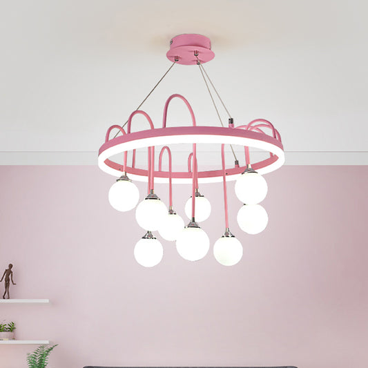 Rounded Hanging Lamp Kids Metal 9-Light Pink Chandelier Lighting with Frosted Glass Shade Clearhalo 'Ceiling Lights' 'Chandeliers' Lighting' options 1651729