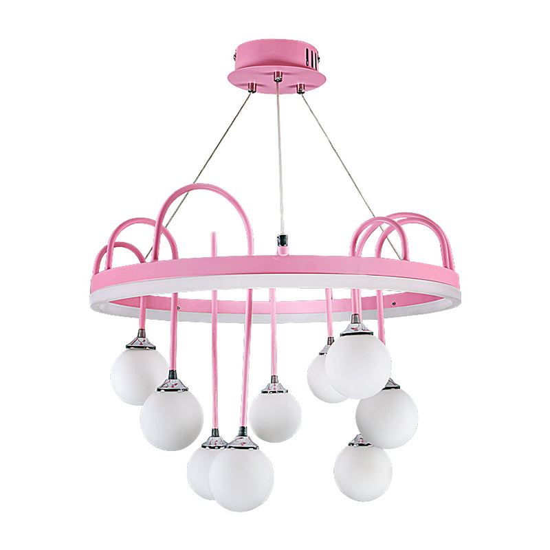 Rounded Hanging Lamp Kids Metal 9-Light Pink Chandelier Lighting with Frosted Glass Shade Clearhalo 'Ceiling Lights' 'Chandeliers' Lighting' options 1651730