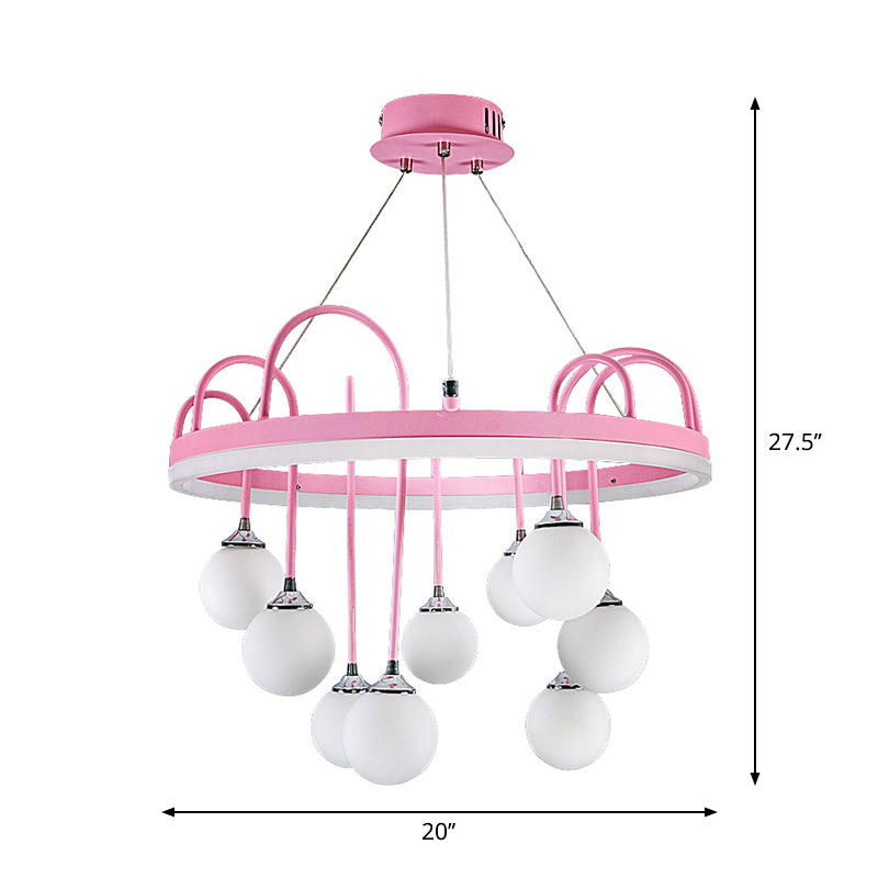 Rounded Hanging Lamp Kids Metal 9-Light Pink Chandelier Lighting with Frosted Glass Shade Clearhalo 'Ceiling Lights' 'Chandeliers' Lighting' options 1651731